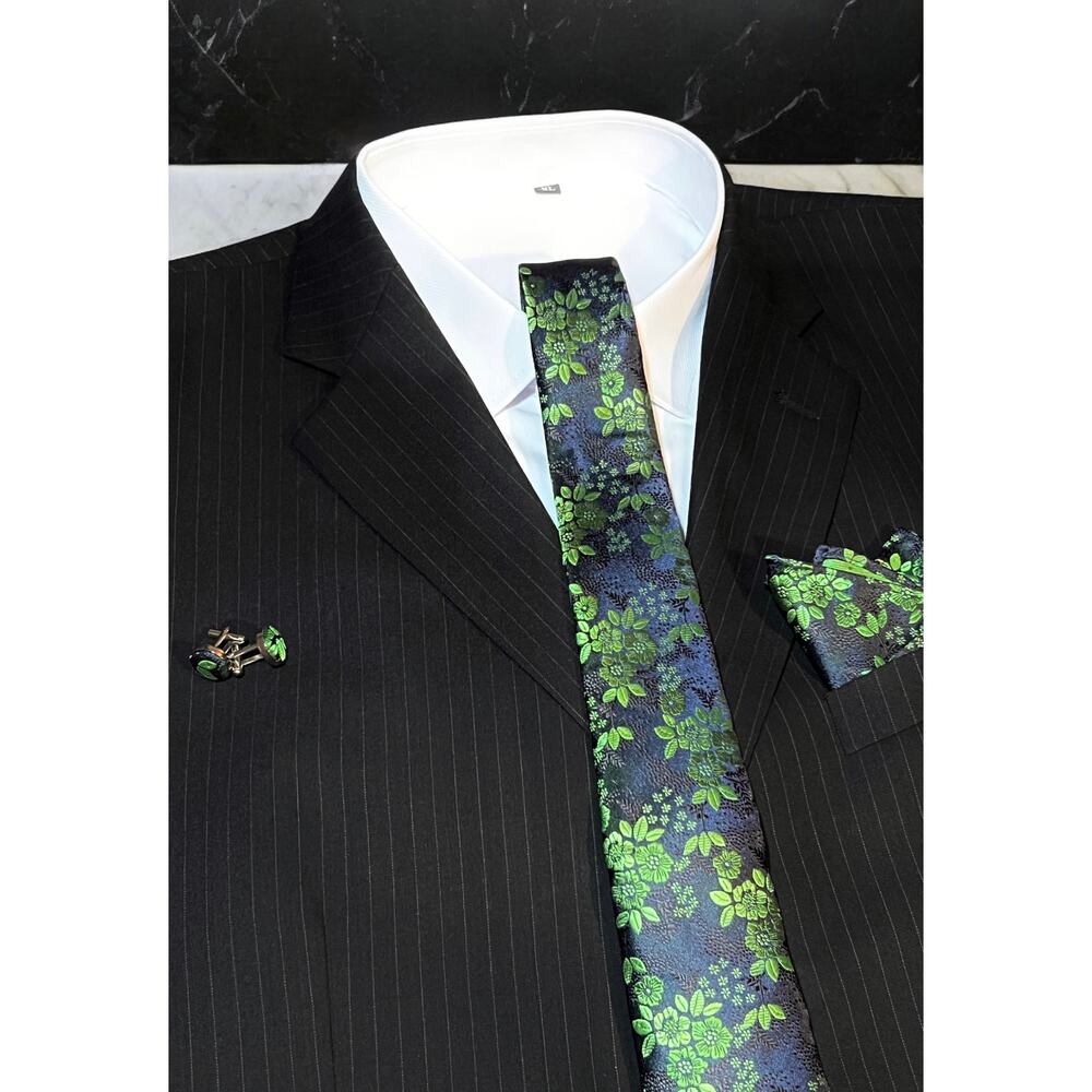 Men’s 3 Piece Tie Set Black & Green Floral 57.5"x3.25"